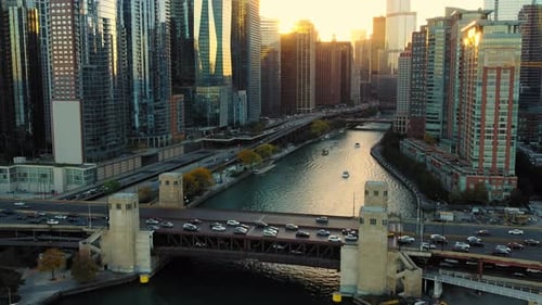 Chicago Illinois Downtown Cityscape with River and Bridge at Sunset