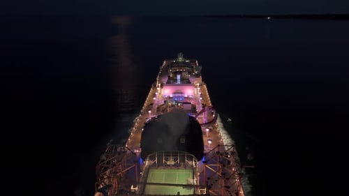 Cruise Ship Heading Into The Atlantic Ocean At Night Aerial View