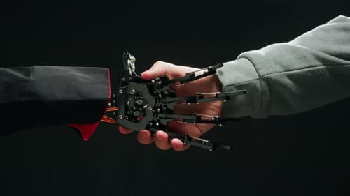 Human and Robot Handshake Artificial Intelligence AI Design Creation Hands Man with Mechanical Arm