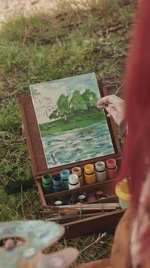Girl Painting Landscape on Canvas at Forest