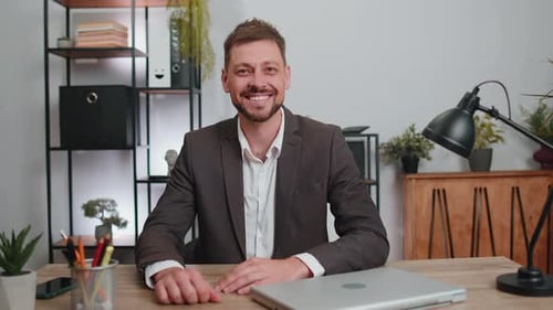 Business Smiling Man Closing Laptop Computer After Finishing Online Work Remote Job From Home Office