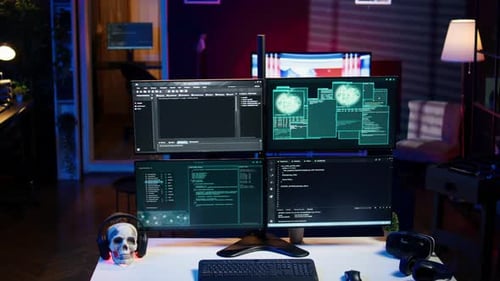 Four Computer Screens Displaying Code in Home Office