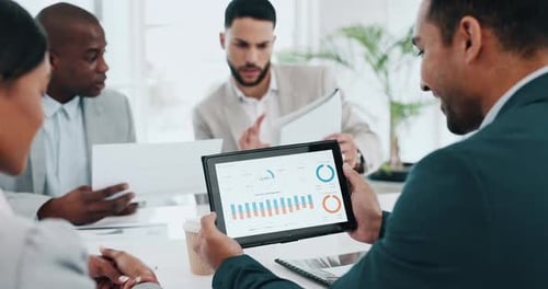 Business people, tablet and meeting in data analytics, statistics or graph