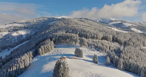Snowy Mountains and Trees in Winter Landscape