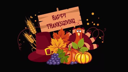 Happy Thanksgiving animation with turkey, pumpkins and autumn leaves on alpha