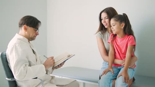 Pediatrician in a Modern Hospital Writes a Prescription for a Mother and Her Daughter During a
