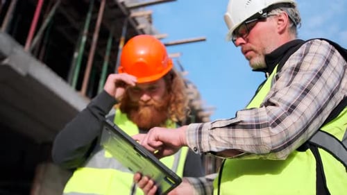 Team of construction worker and engineer discussion to checking blueprints building with tablet