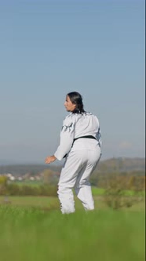 Martial Artist Performing Kicks in Field