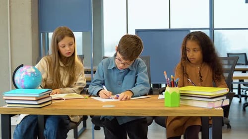Pupils of Elementary Class Doing Homework Kids Learning to Read and Write Back to School