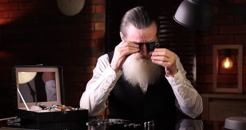 Senior man fixing mechanism of vintage wrist watch at black mirror table indoors