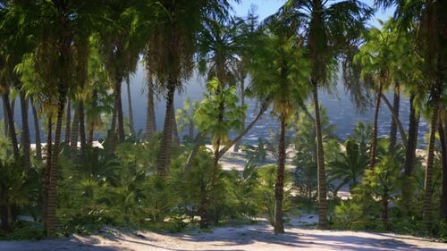 Paradise Landscape of Tropical Beach with Calm Ocean Waves and Palm Trees
