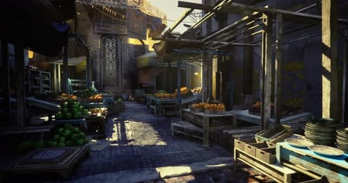 Realistic Animated Market Scene with Fresh Produce Stalls
