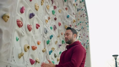 Man Prepares for Outdoor Rock Climbing