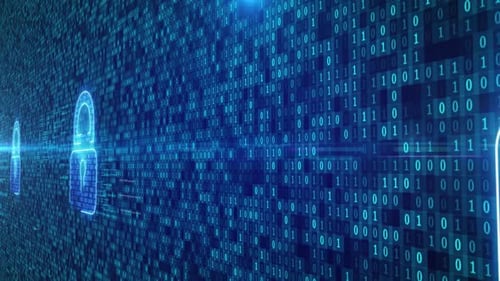 Futuristic Data Security Concept with Glowing Padlocks and Binary Stream