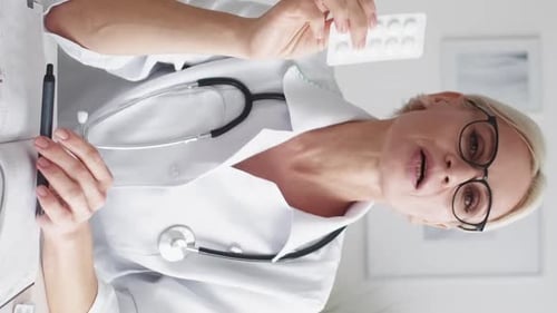 Woman Doctor Explains Medicine and Holds Packet of Pills