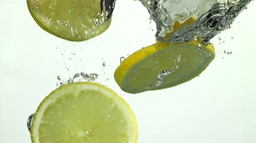 Lemon Slices Falling into Water in Slow Motion