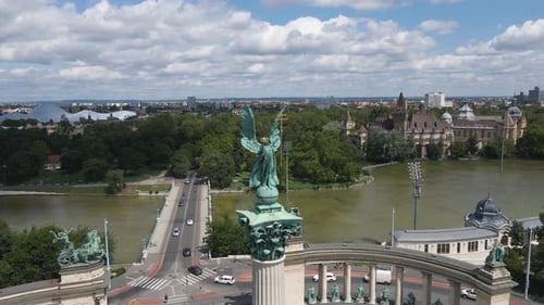 Aerial Orbiting shot of the Millennium Monument overlooking Budapest in Hungary