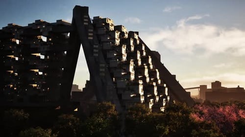 Diseño arquitectónico moderno de un edificio único en una ciudad al atardecer