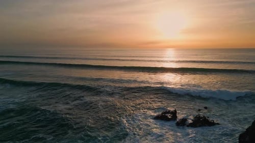 Sunset Volcanic Beach Silhouette at Sea Coastline Marine Shore Foaming Waves