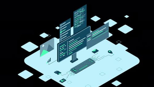 Isometric desktop computer. Coding programming technology. Programming concept. Technology animation