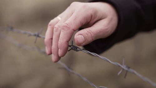 Hand Grips Barbed Wire Fence Close Up