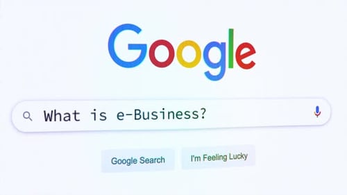 Animated Google Search Bar Typing 'What is e-Business' Query