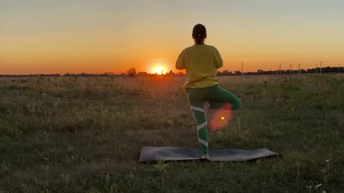 Jeune femme équilibrant la pose d'un arbre de yoga à l'heure dorée dans un paysage rural