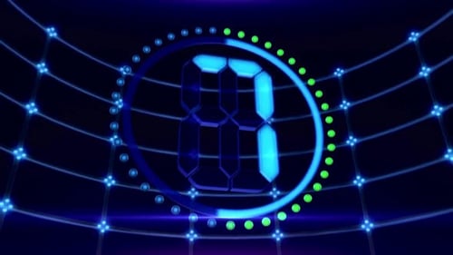 Digital Timer Countdown Neon Lights Futuristic Technology Blue Green Circle Grid Design Animation