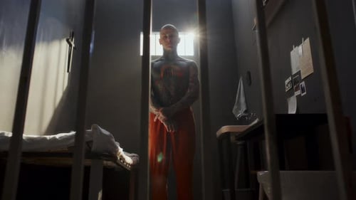 Portrait of Shirtless Tattooed Inmate Standing behind Bars in Prison Cell