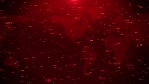 Futuristic finance and stock market Red background with map and numbers