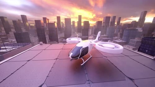 Futuristisches eVTOL-Flugzeug auf dem Hubschrauberlandeplatz auf dem Dach in der modernen Stadt bei Sonnenuntergang