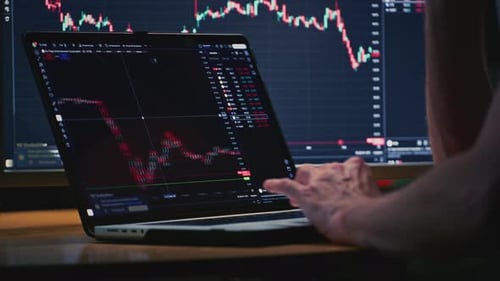 Investor Laptop with a Terminal Graphs and Charts Cryptocurrency Bitcoin USD Global Market Analysis
