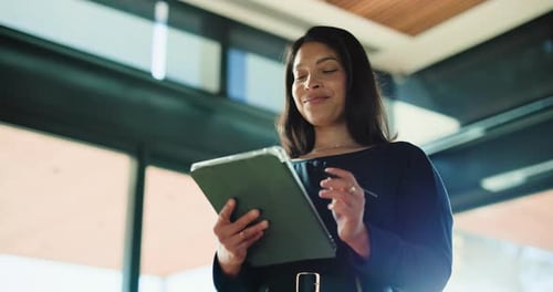 Business, woman and stylus with tablet in office for research, proofreading and editor feedback