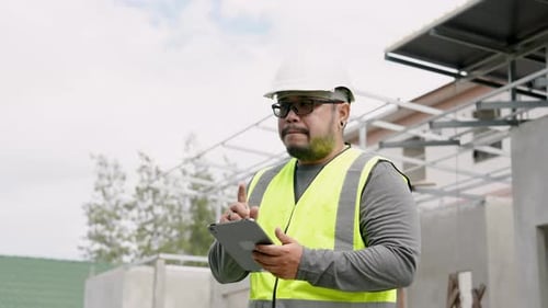 Engineer manager foreman young Asian worker architect designer Wear white safety helmet Thinking abo