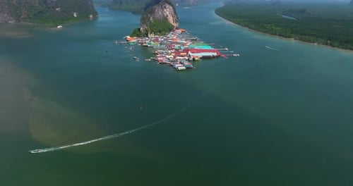Panoramic View Over Ko Panyi (Koh Panyee) Fishing Village In Phang Nga Province, Thailand - Drone