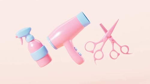 Secador de pelo de dibujos animados y tijeras de corte de pelo sobre fondo rosa, renderizado 3D.