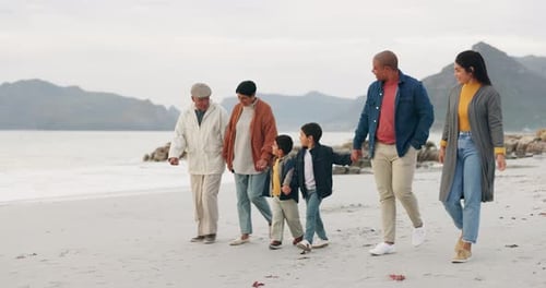 Beach, travel and big family holding hands while walking together on vacation, holiday or adventure