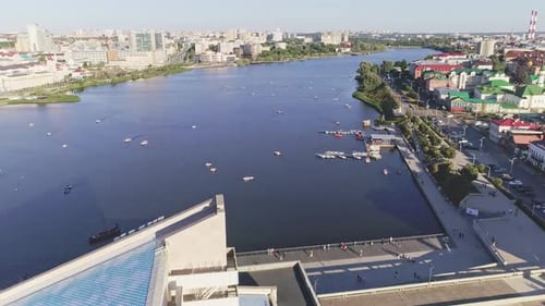 Large River Bay with Waterfront and Fountain in City Aerial