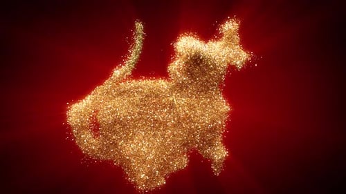 Goldene Glitzerpartikel Ratte Chinesisches Tierkreiszeichen auf rotem Hintergrund mit Feuerwerk