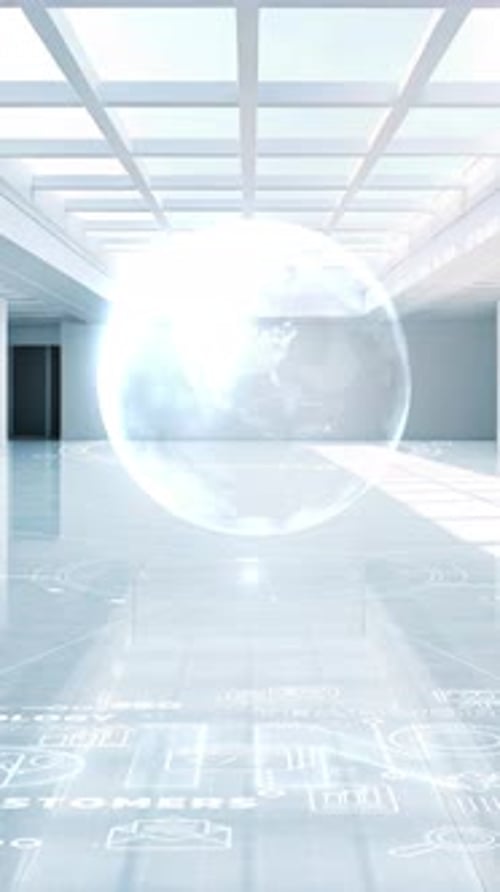 Espace lumineux de la salle de présentation avec Infographies holographiques