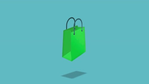 Bolsa de compras verde vibrante flotando en el aire con sombra