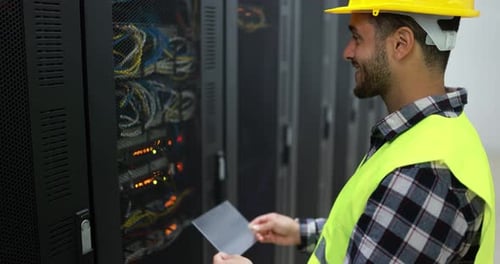 Young technician installing new rack mount server at data center for business