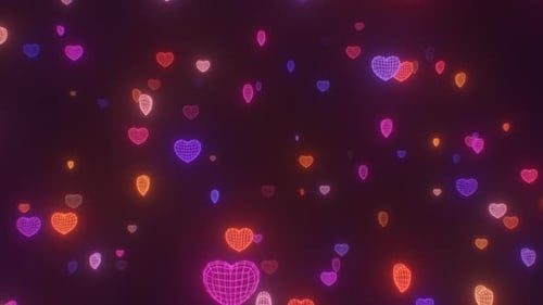 Estructura alámbrica retro de neón brillante y cálida en forma de corazón volando ante la cámara, 4K