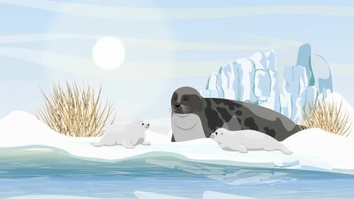 Arctic Seal Mother with Pups on Ice - Arctic Landscape - Cartoon Animals