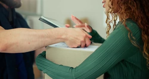 Courier, tablet and box with customer, screen and electronic signature for parcel or ecommerce