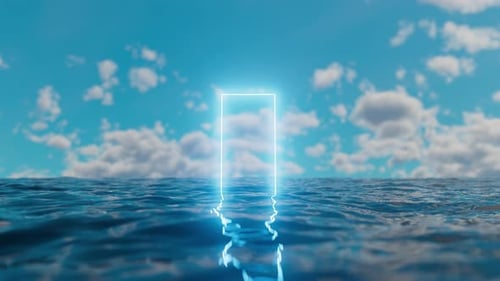 Glowing rectangular portal emerging from ocean under cloudy sky