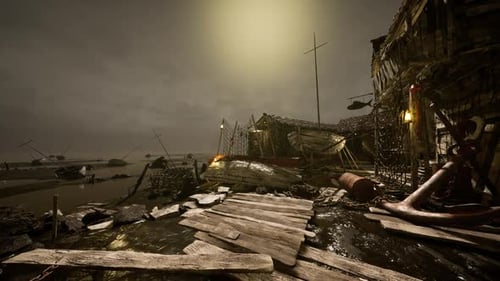 Abandoned Docks at Twilight with Rustic Boats and Broken Structures