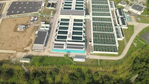 Aerial View of Water Treatment Facility and Solar Panels