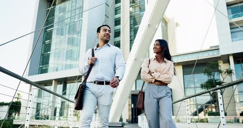 Coworkers, talking and commute to work, city and walk to office, conversation and smiling