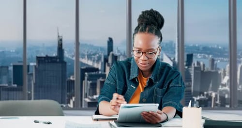 Creative, woman and tablet with notebook in office for article schedule, story facts and research